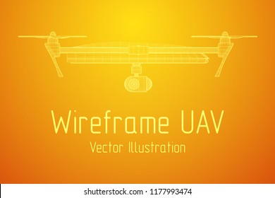 Remote control air drone. Dron flying with action video camera. Wireframe low poly mesh vector illustration