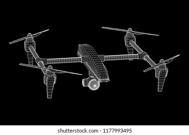 Remote control air drone. Dron flying with action video camera. Wireframe low poly mesh vector illustration
