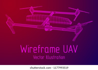 Remote control air drone. Dron flying with action video camera. Wireframe low poly mesh vector illustration