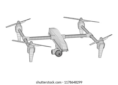 Remote control air drone. Dron flying with action video camera. Wireframe low poly mesh vector illustration
