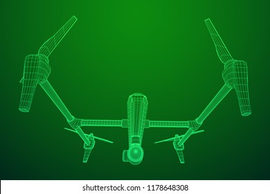 Remote control air drone. Dron flying with action video camera. Wireframe low poly mesh vector illustration