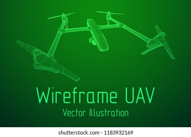 Remote control air drone. Dron flying with action video camera. Wireframe low poly mesh vector illustration