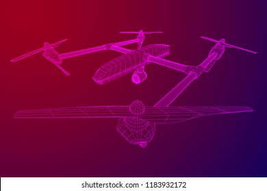Remote control air drone. Dron flying with action video camera. Wireframe low poly mesh vector illustration