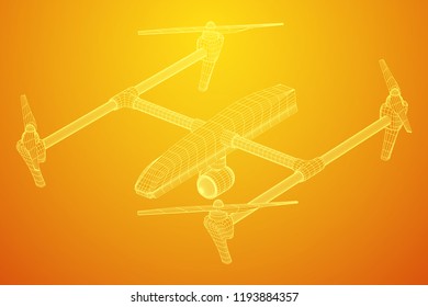 Remote control air drone. Dron flying with action video camera. Wireframe low poly mesh vector illustration