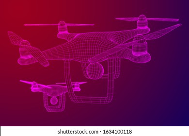 Remote control air drone. Dron flying with action video camera. Wireframe low poly mesh vector illustration
