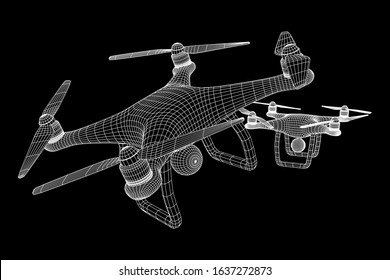 Remote control air drone. Dron flying with action video camera. Wireframe low poly mesh vector illustration