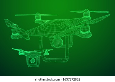 Remote control air drone. Dron flying with action video camera. Wireframe low poly mesh vector illustration