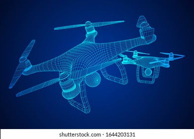 Remote control air drone. Dron flying with action video camera. Wireframe low poly mesh vector illustration