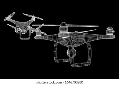 Remote control air drone. Dron flying with action video camera. Wireframe low poly mesh vector illustration