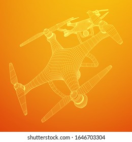 Remote control air drone. Dron flying with action video camera. Wireframe low poly mesh vector illustration