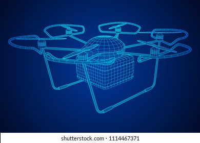 Remote control air drone. Drone flying with action video camera. Wireframe low poly mesh vector illustration