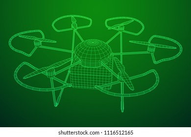 Remote control air drone. Drone flying with cargo box. Wireframe low poly mesh vector illustration