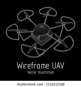 Remote control air drone. Drone flying with cargo box. Wireframe low poly mesh vector illustration