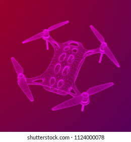 Remote control air drone. Drone flying with action video camera. Wireframe low poly mesh vector illustration