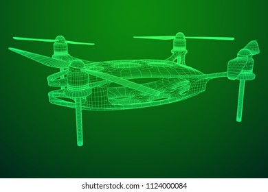 Remote control air drone. Drone flying with action video camera. Wireframe low poly mesh vector illustration