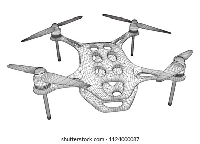 Remote control air drone. Drone flying with action video camera. Wireframe low poly mesh vector illustration
