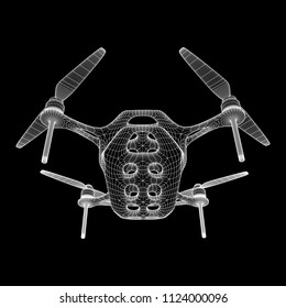 Remote control air drone. Drone flying with action video camera. Wireframe low poly mesh vector illustration