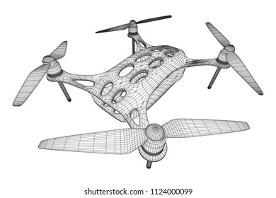 Remote control air drone. Drone flying with action video camera. Wireframe low poly mesh vector illustration