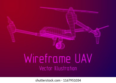 Remote control air drone. Drone flying with action video camera. Wireframe low poly mesh vector illustration