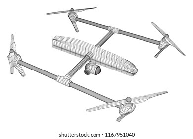 Remote control air drone. Drone flying with action video camera. Wireframe low poly mesh vector illustration