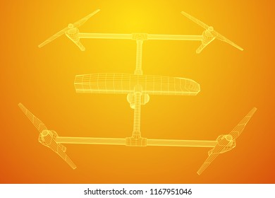 Remote control air drone. Drone flying with action video camera. Wireframe low poly mesh vector illustration