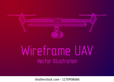 Remote control air drone. Drone flying with action video camera. Wireframe low poly mesh vector illustration