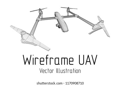 Remote control air drone. Drone flying with action video camera. Wireframe low poly mesh vector illustration