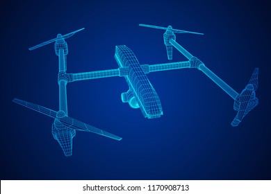 Remote control air drone. Drone flying with action video camera. Wireframe low poly mesh vector illustration