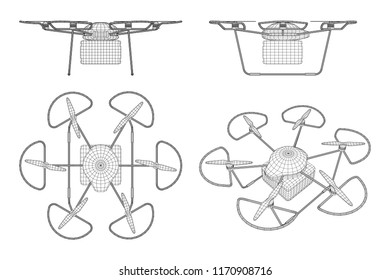 Remote control air drone. Drone flying with cargo box. Wireframe low poly mesh vector illustration