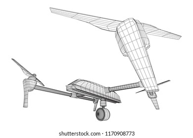 Remote control air drone. Drone flying with action video camera. Wireframe low poly mesh vector illustration