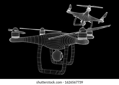 Remote control air drone. Drone flying with action video camera. Wireframe low poly mesh vector illustration