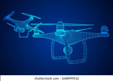 Remote control air drone. Drone flying with action video camera. Wireframe low poly mesh vector illustration