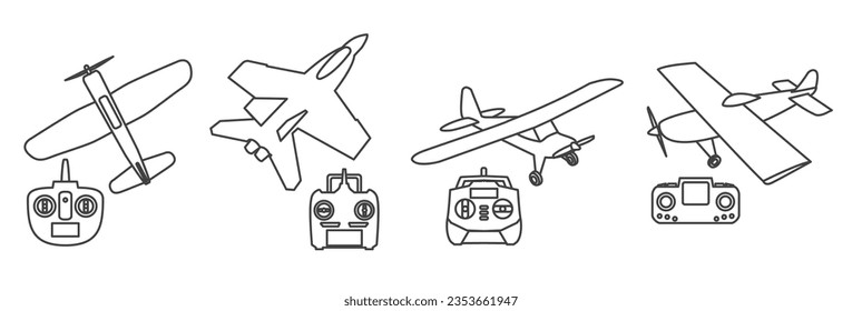 Iconos de aeronaves de control remoto, juguetes de avión, plantilla de diseño gráfico de iconos del juego simple de aeronaves de control remoto de juguete Relacionado con vectores. Contiene dichos iconos como control remoto,