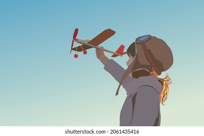 Remote control of aircraft toy and a kid is holding the airplane. Aerial hobby and wood plane with small scale and afternoon sky