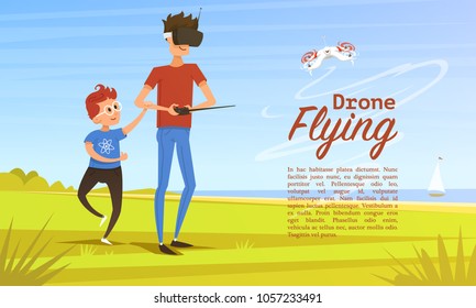 Remote control background. Modern drone concept for card and poster. Man teaches child to play outdoors in park. Radio robot, Video Technology. Piloting multicopter. Unmanned aerial vehicle.