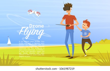 Remote control background. Modern drone concept for website, card and poster. Man teaches child to play outdoors in park. Radio robot, Video Technology. Piloting multicopter. Unmanned aerial vehicle.
