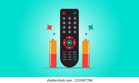 Remote Control And Battery Icon Isolated On Light Blue Background. Control Panel Of TV Vector Illustration