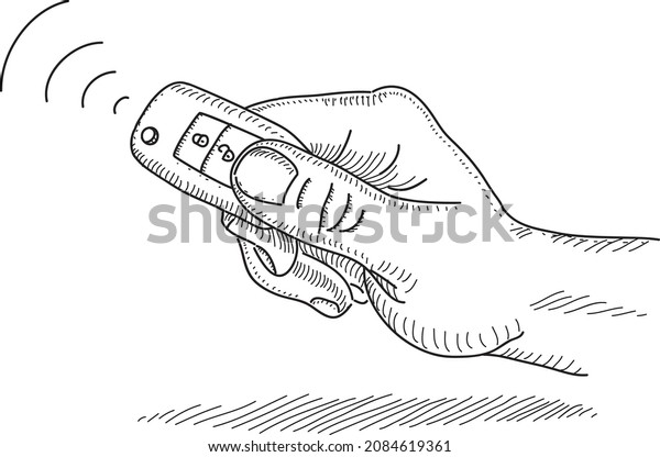 Remote control car key in hand - sketchy hand-drawn\
vector illustration. 