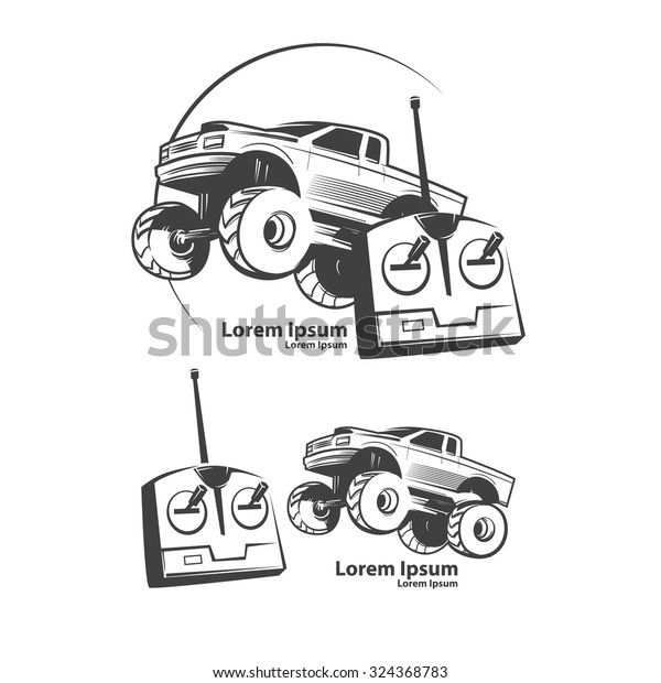 remote control car, shop concept, monster\
truck, bigfoot car, logo, simple\
illustration