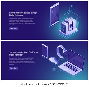 Remote control, cloud data storage, server room rack, mainframe, electronic devices, synchronization data, smartphone samrtwatch laptop isometric vector illustration on ultraviolet background Remote control, cloud data storage, server room rack, mainframe, electronic devices, synchronization data, smartphone samrtwatch laptop isometric vector illustration on ultraviolet background