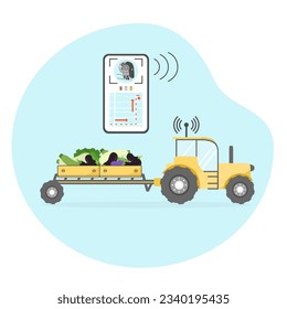 Remote control from digital device of harvesting and transportation of crops. Smart agricultural system Agriculture Farming robotics technology Vector illustration Vegetables Cabbage Zucchini Eggplant