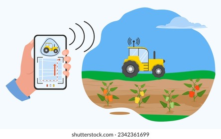 Remote control from digital device of harvesting and transportation of crops. Smart agricultural system Agriculture Farming robotics technology Vector illustration Fresh harvested Vegetables Pepper