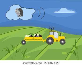 Remote control from digital device of harvesting and transportation of crops. Smart agricultural system Agriculture Farming robotics technology Vector illustration Vegetables Cabbage Zucchini Eggplant