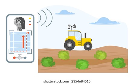 Remote control from digital device of harvesting and transportation of crops. Smart agricultural system Agriculture Farming robotics technology Vector illustration Fresh Vegetables Cabbage