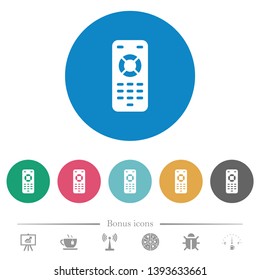 Remote control flat white icons on round color backgrounds. 6 bonus icons included.
