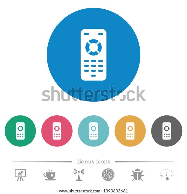 Remote control flat white icons on round color\
backgrounds. 6 bonus icons\
included.