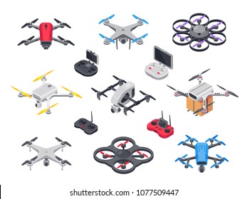 Remote control flying copter with camera. Radio controllers for rotor drone. Unmanned aircraft drones isolated 3d isometric vector set