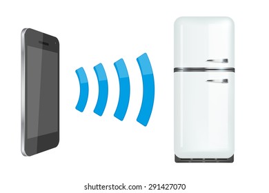 Remote control fridge or home appliances via smartphone. Vector Illustration isolated on white background.