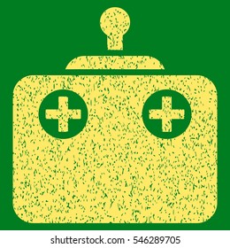 Remote Control grainy textured icon for overlay watermark stamps. Flat symbol with scratched texture. Dotted vector yellow ink rubber seal stamp with grunge design on a green background.