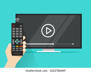 Remote control in hand near flat screen tv watching video film, cartoon person watching movie or film on television display